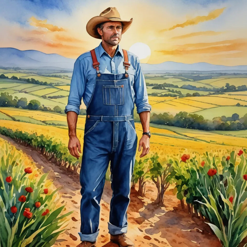 a painting of a man in overalls and a hat standing in a field of flowers with a sunset in the background, american realism, a character portrait, Eric Zener, professional digital painting