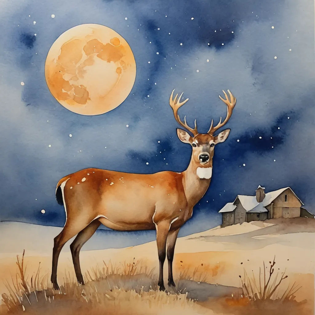 a painting of a deer standing in a field with a full moon in the background and a house in the distance, modern european ink painting, a watercolor painting, Claire Hummel, leesha hannigan