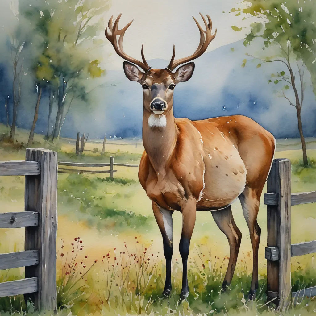 a painting of a deer standing in a field behind a fence with trees and grass in the background and a blue sky in the background, american scene painting, a watercolor painting, Carol Sutton, leesha hannigan