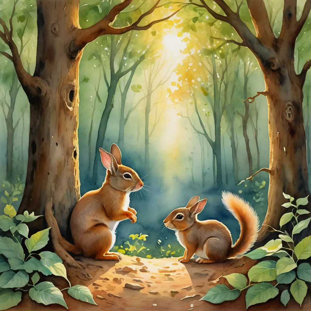 a painting of two rabbits in a forest with sunlight coming through the trees and leaves on the ground,, magic realism, a storybook illustration, Alison Kinnaird, storybook illustration