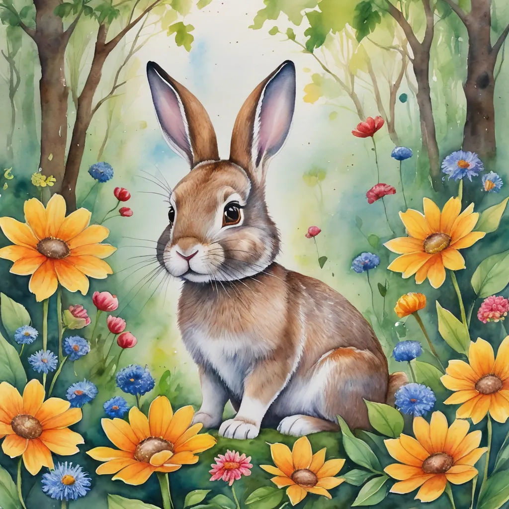 a painting of a rabbit sitting in a field of flowers and daisies with a butterfly in the background, naive art, a watercolor painting, Beatrix Potter, in gouache detailed paintings