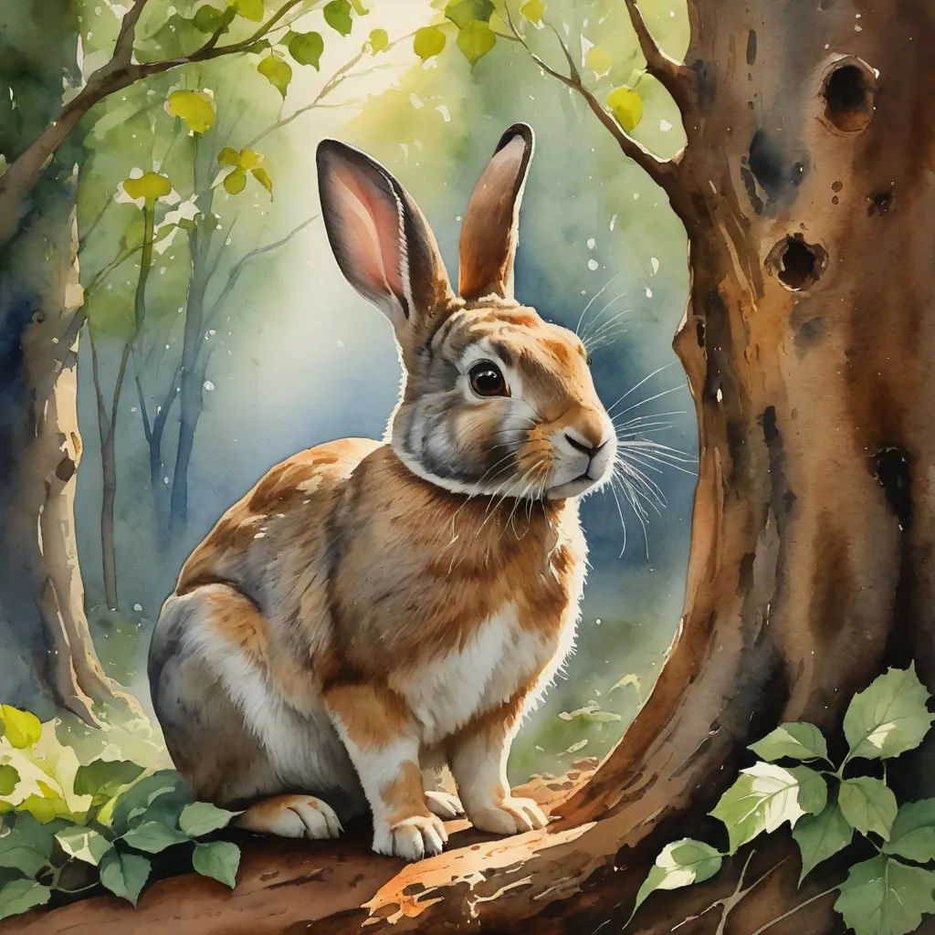 a painting of a rabbit sitting in a forest next to a tree trunk and a tree trunk with leaves, magic realism, a watercolor painting, Beatrix Potter, in gouache detailed paintings
