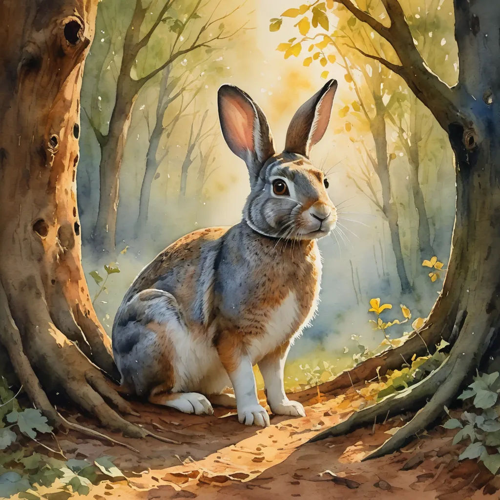 a painting of a rabbit sitting in a forest with trees and leaves around it's edges, looking up at the viewer, magic realism, a storybook illustration, Beatrix Potter, walton ford