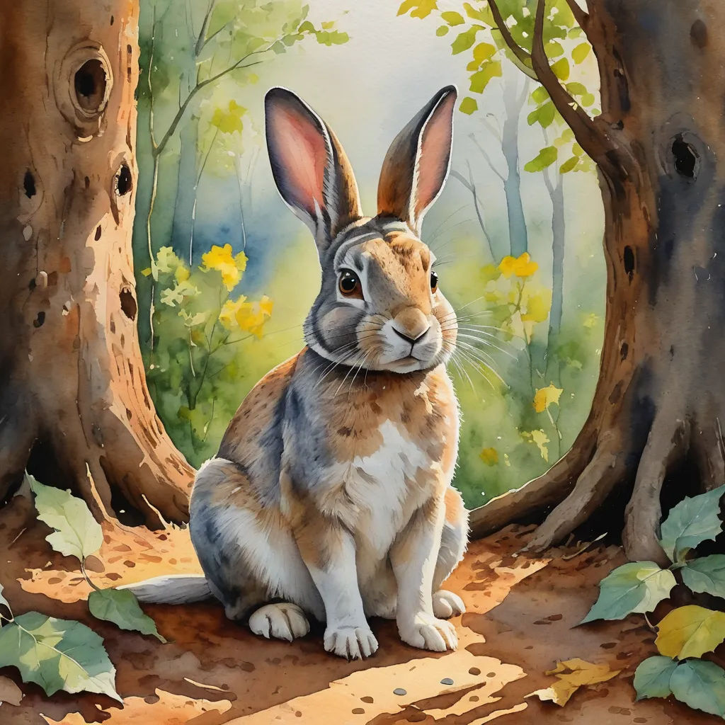 a painting of a rabbit sitting in the woods by some trees and flowers, with a blue sky in the background, magic realism, an airbrush painting, Beatrix Potter, in gouache detailed paintings