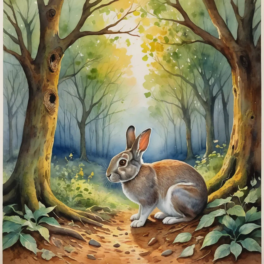 a painting of a rabbit sitting in the middle of a forest with trees and leaves on the ground and a path leading to it, magic realism, a watercolor painting, Beatrix Potter, in gouache detailed paintings