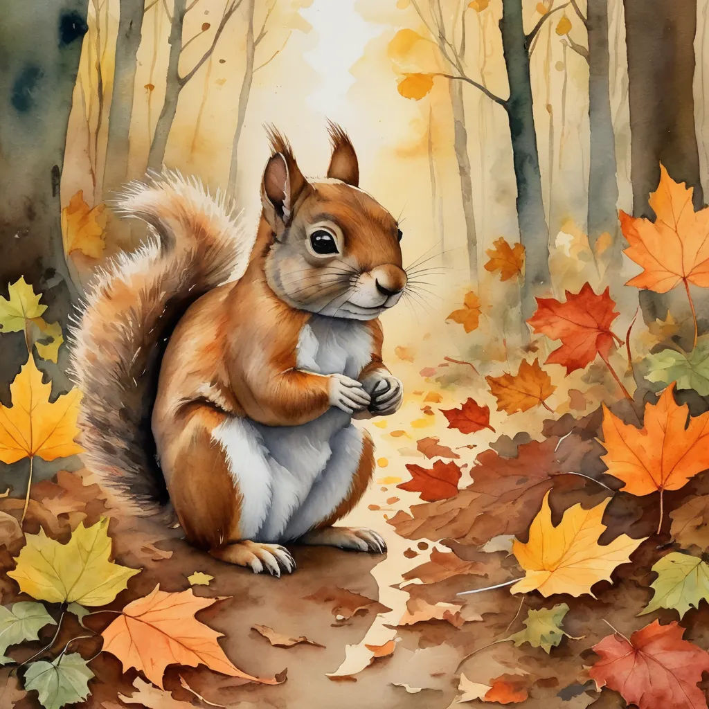 a painting of a squirrel sitting on a leaf covered ground in a forest with autumn leaves surrounding it and a path leading to the woods, american scene painting, a watercolor painting, Chris LaBrooy, autumn