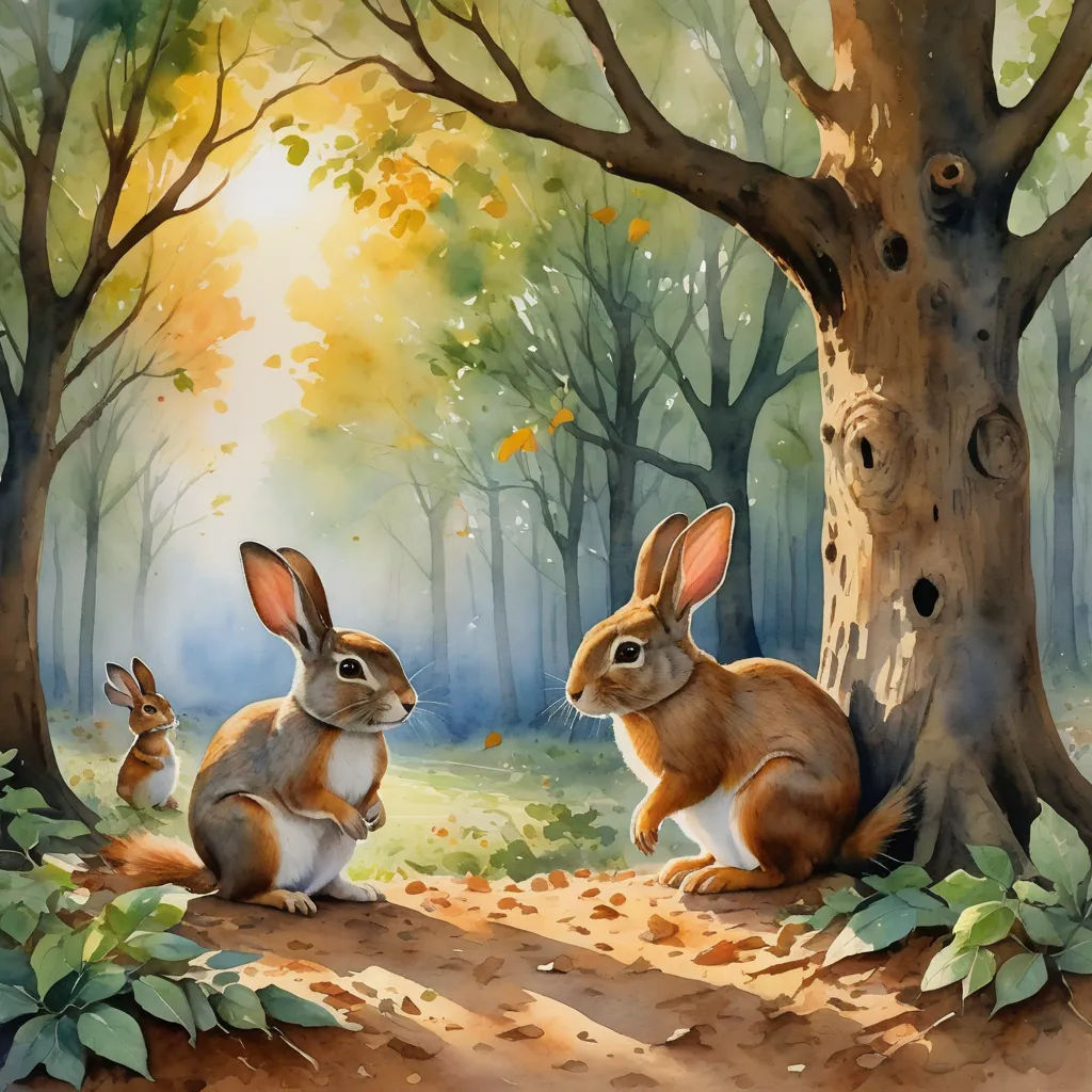 a painting of two rabbits sitting in the woods by a tree with leaves on it and a sunbeam, magic realism, a storybook illustration, Chris LaBrooy, in gouache detailed paintings