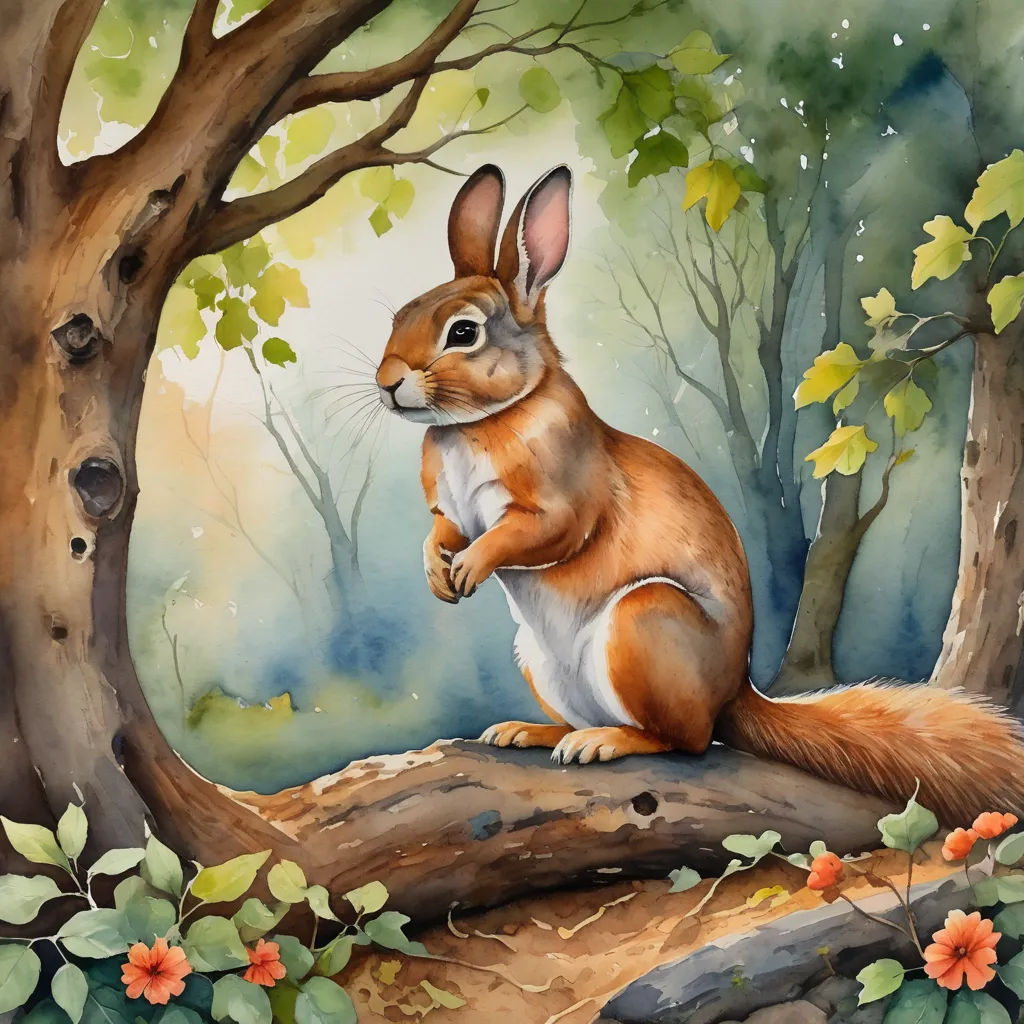 a painting of a rabbit sitting on a log in a forest with trees and flowers around it, with a background of leaves and flowers, magic realism, a storybook illustration, Carol Sutton, in gouache detailed paintings