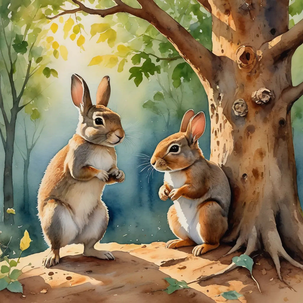 two rabbits sitting next to a tree in a forest with leaves on the ground and one of them is holding its back, american scene painting, a storybook illustration, Beatrix Potter, in gouache detailed paintings