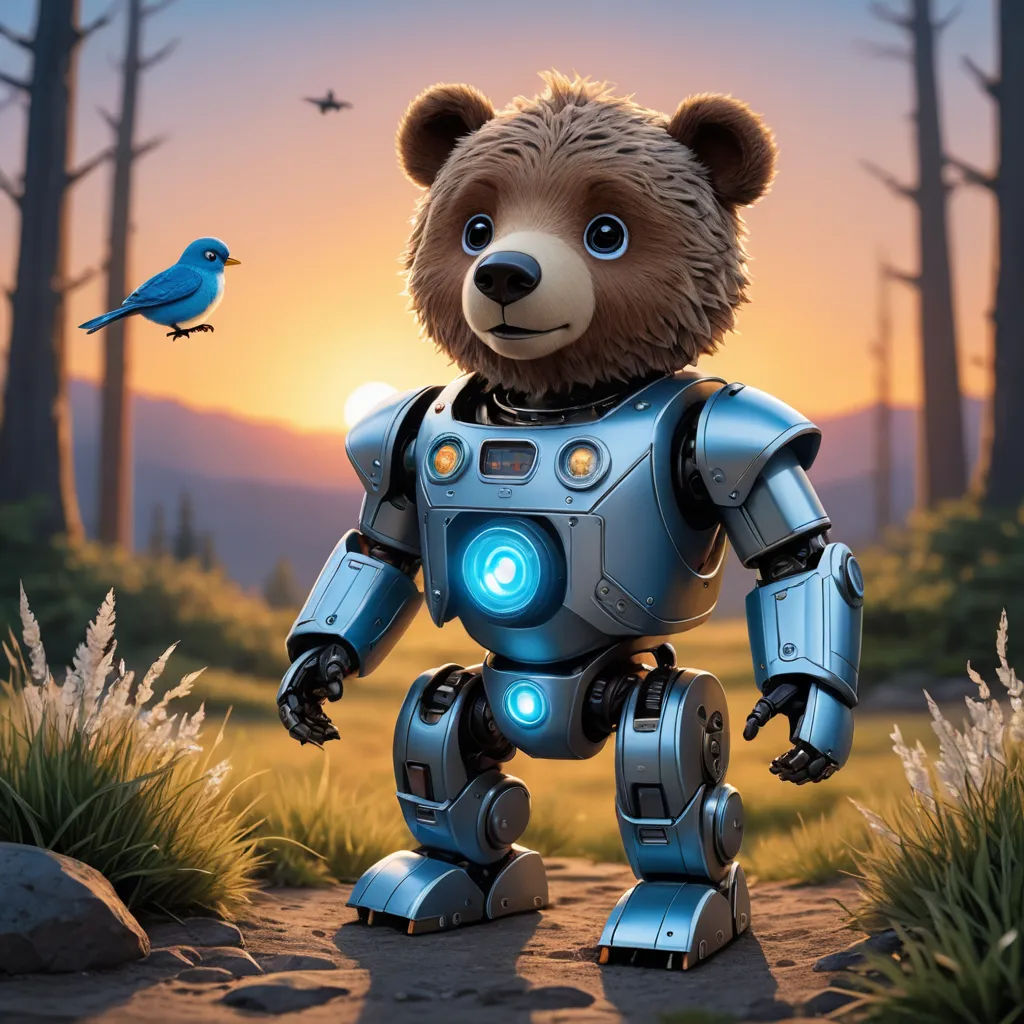 a teddy bear is standing in the grass with a bird flying by it and a robot is in the foreground, les automatistes, a digital painting, Chris LaBrooy, promotional image