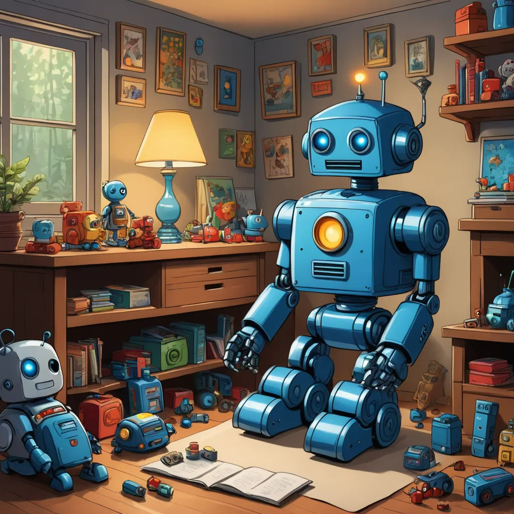 a blue robot standing in a room next to a lamp and a desk with a lamp shade on it, les automatistes, a storybook illustration, Dan Mumford, rossdraws global illumination