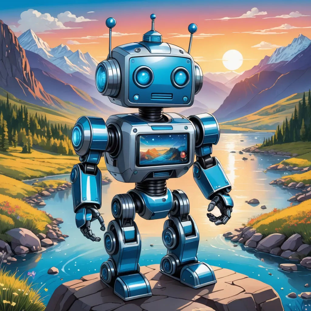 a robot standing on a rock in front of a river and mountains with a sunset in the background and a mountain range in the background, retrofuturism, computer graphics, Dan Mumford, robot
