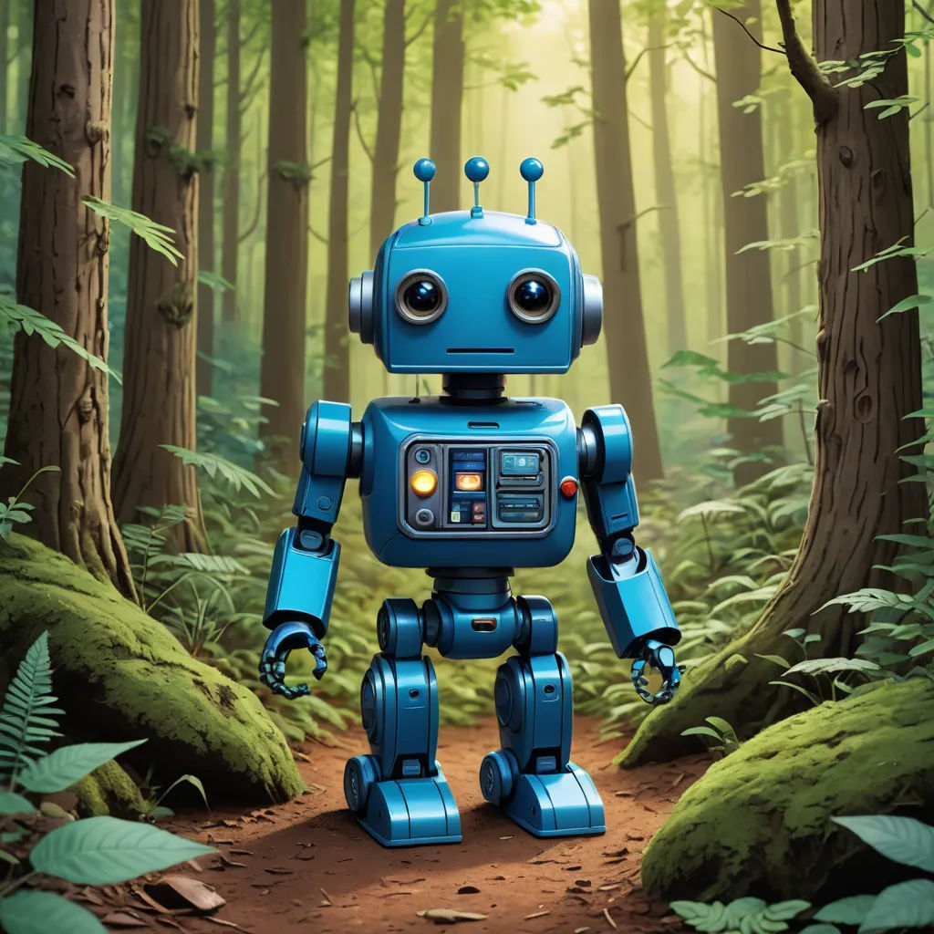 a blue robot standing in a forest with trees and ferns behind it, with a light on its face, les automatistes, a storybook illustration, Dan Mumford, robot