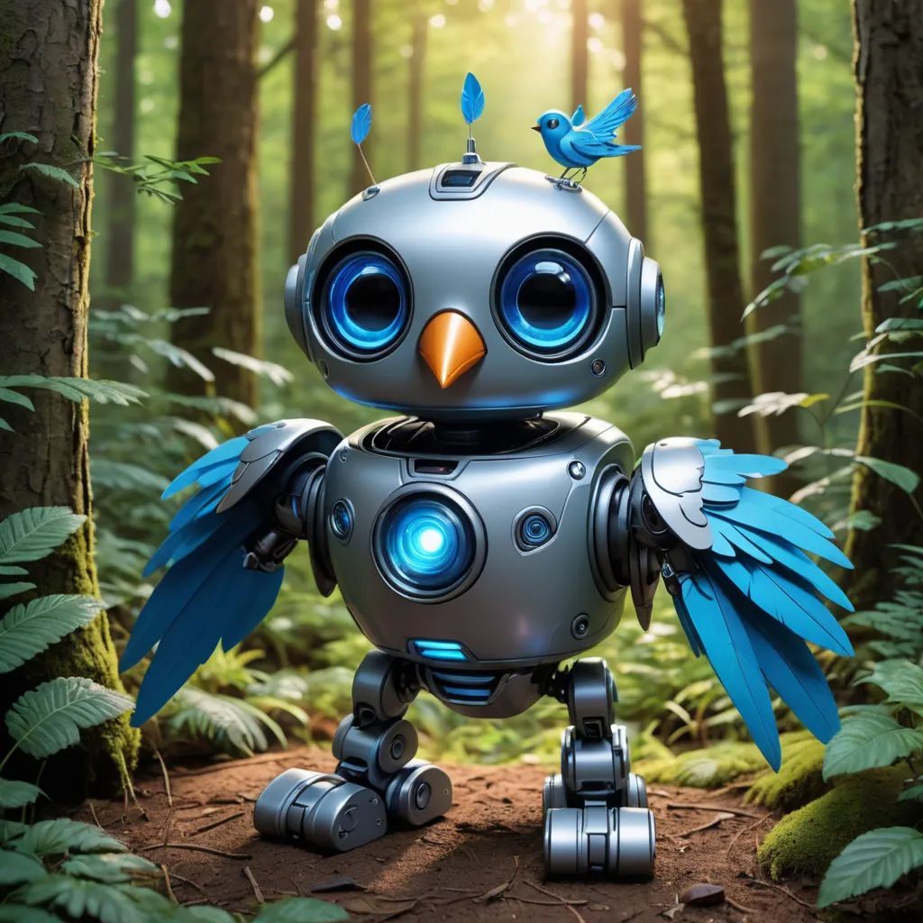 a robot with blue wings standing in a forest with ferns and trees in the background, with a bird on its head, les automatistes, a 3D render, Beeple, cybernetics