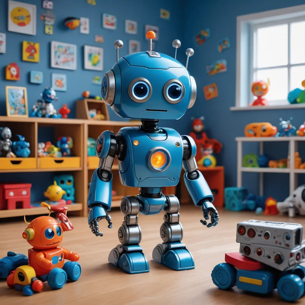 a blue robot toy standing next to a toy car and a toy dog on a wooden floor in a play room, les automatistes, a 3D render, Beeple, robots