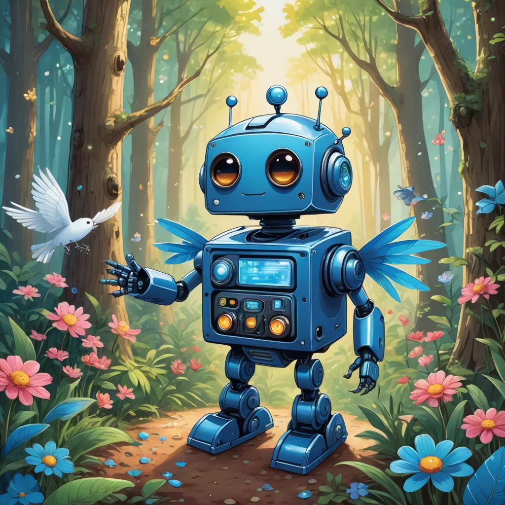 a robot with a bird in a forest with flowers and trees in the background, with a bird flying by, fantasy art, a storybook illustration, Chris LaBrooy, rossdraws global illumination