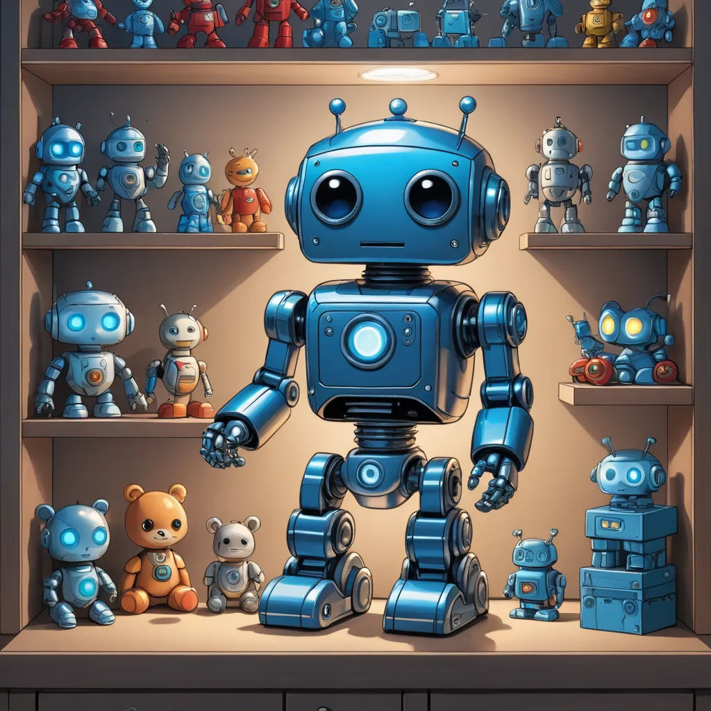 a blue robot standing in front of a shelf of toys and teddy bears in a room with shelves of other toys, les automatistes, a storybook illustration, Dan Mumford, robots