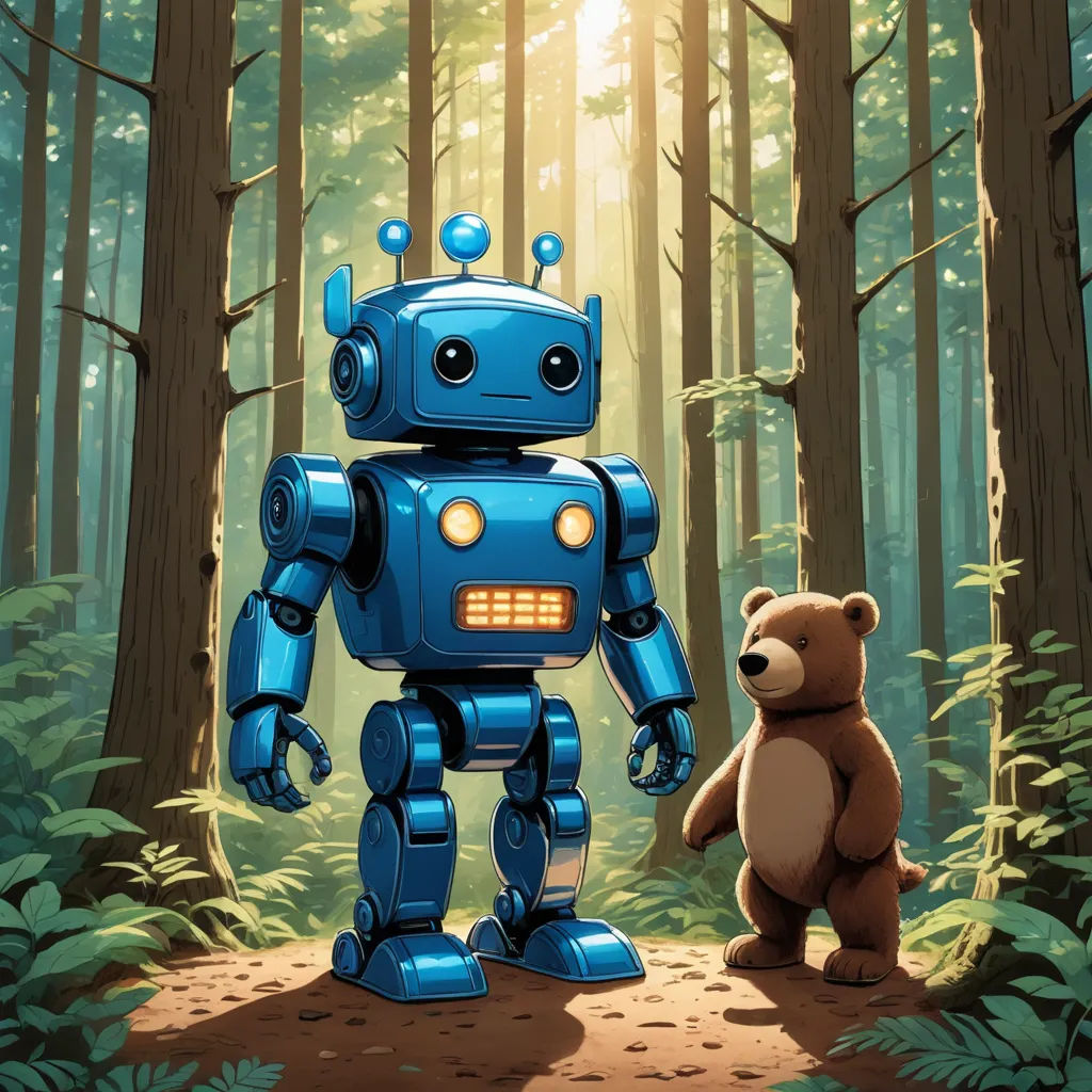 a blue robot standing next to a brown bear in a forest with trees and bushes behind it, with a sun shining through the trees, les automatistes, a storybook illustration, Dan Mumford, storybook illustration