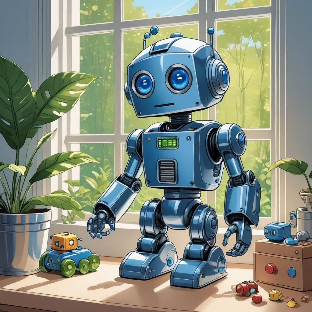 a blue robot standing next to a window in a room with a plant and toys on the floor next to it, les automatistes, a storybook illustration, Andries Stock, robot