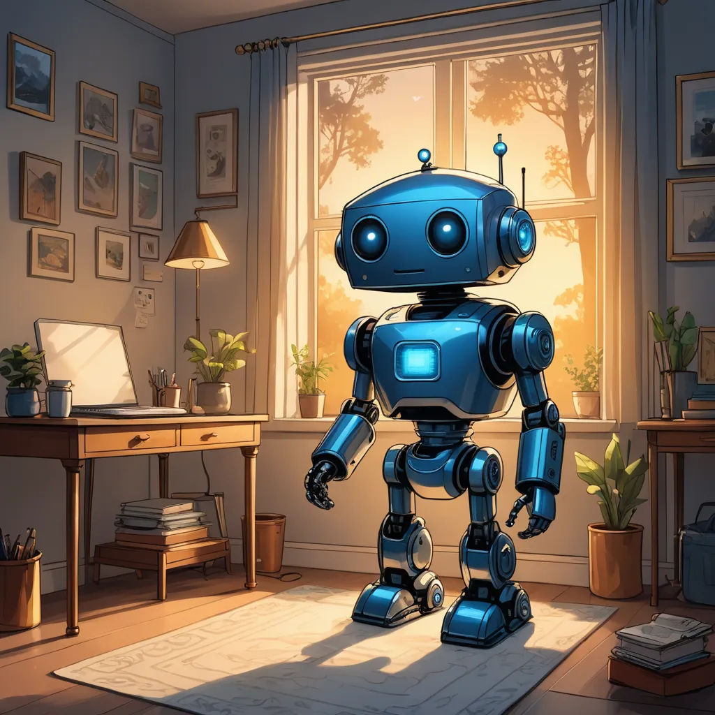 a blue robot standing in a room next to a window with a laptop on it's desk and a lamp on the floor, computer art, a storybook illustration, Dan Mumford, rossdraws global illumination