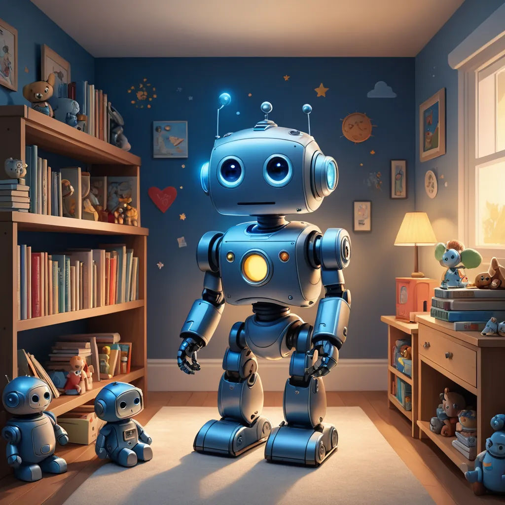 a robot standing in a room with a stuffed animal next to it and a book shelf with books on it, les automatistes, a storybook illustration, Beeple, rossdraws global illumination