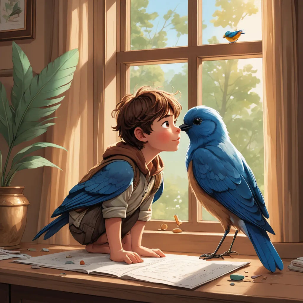 a boy is kissing a bird on a desk by a window with a bird on it's head, fantasy art, a storybook illustration, Chris LaBrooy, storybook illustration