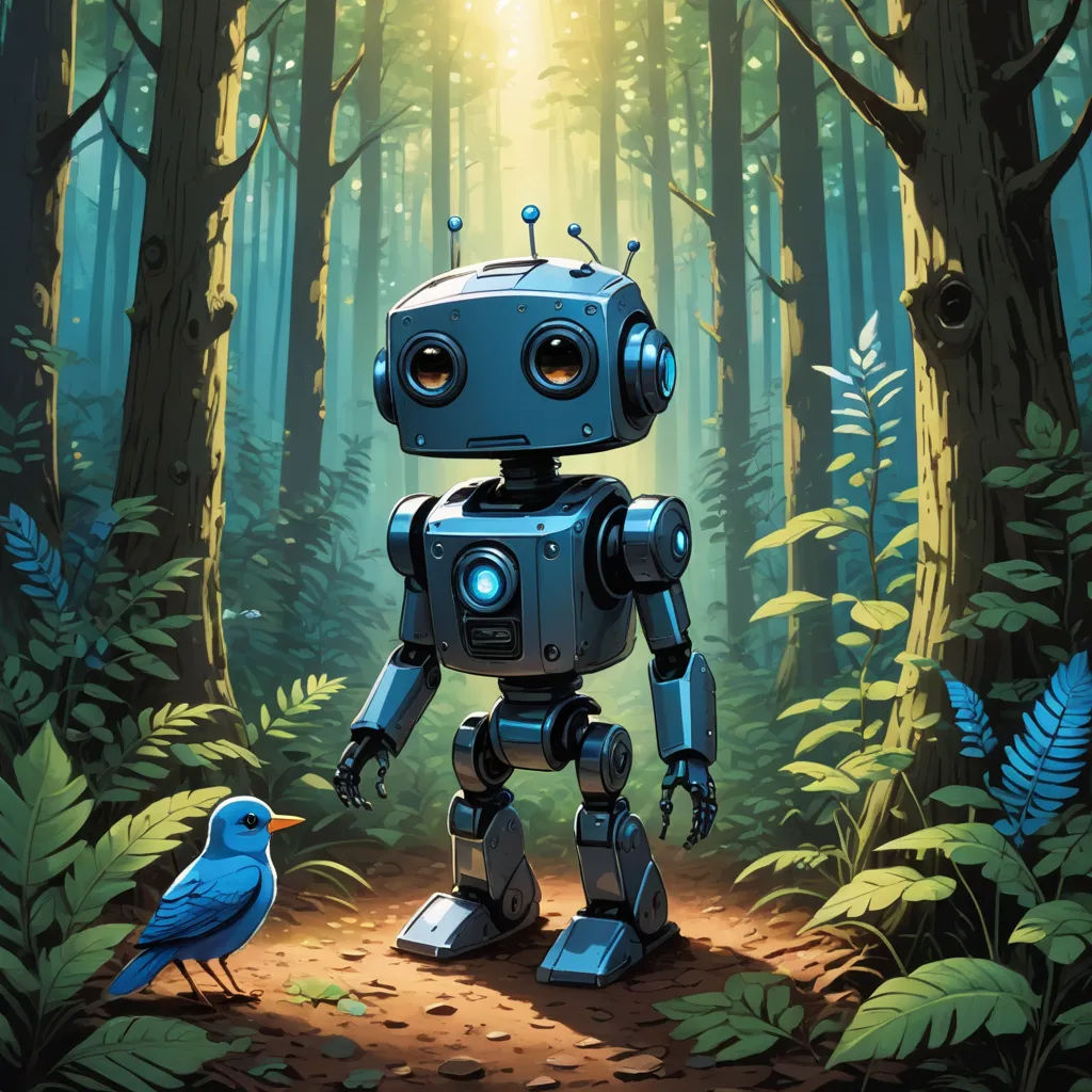 a robot standing in the middle of a forest with a bird on the ground next to it and a bird sitting on the ground, les automatistes, a storybook illustration, Dan Mumford, robot