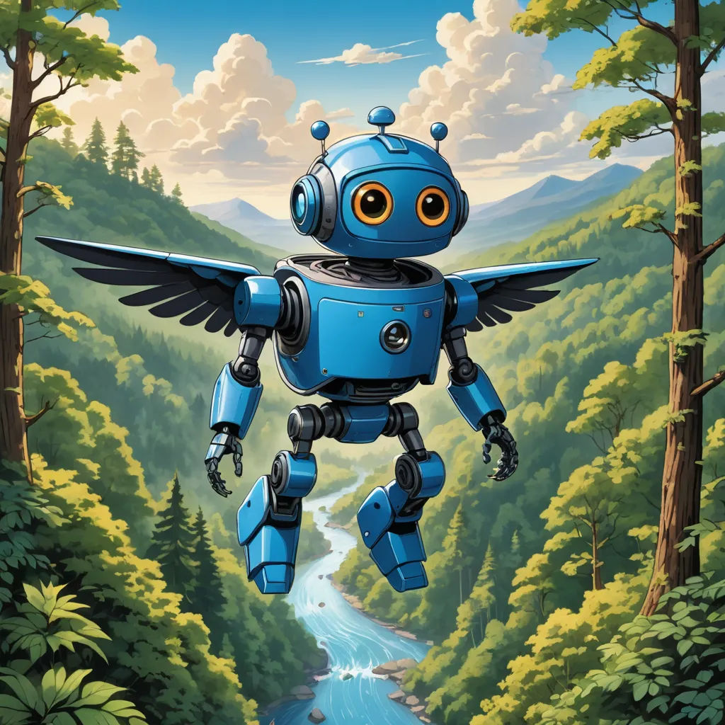 a blue robot flying over a forest filled with trees and a river in the middle of it's body, environmental art, a storybook illustration, Chris LaBrooy, josan gonzales and dan mumford