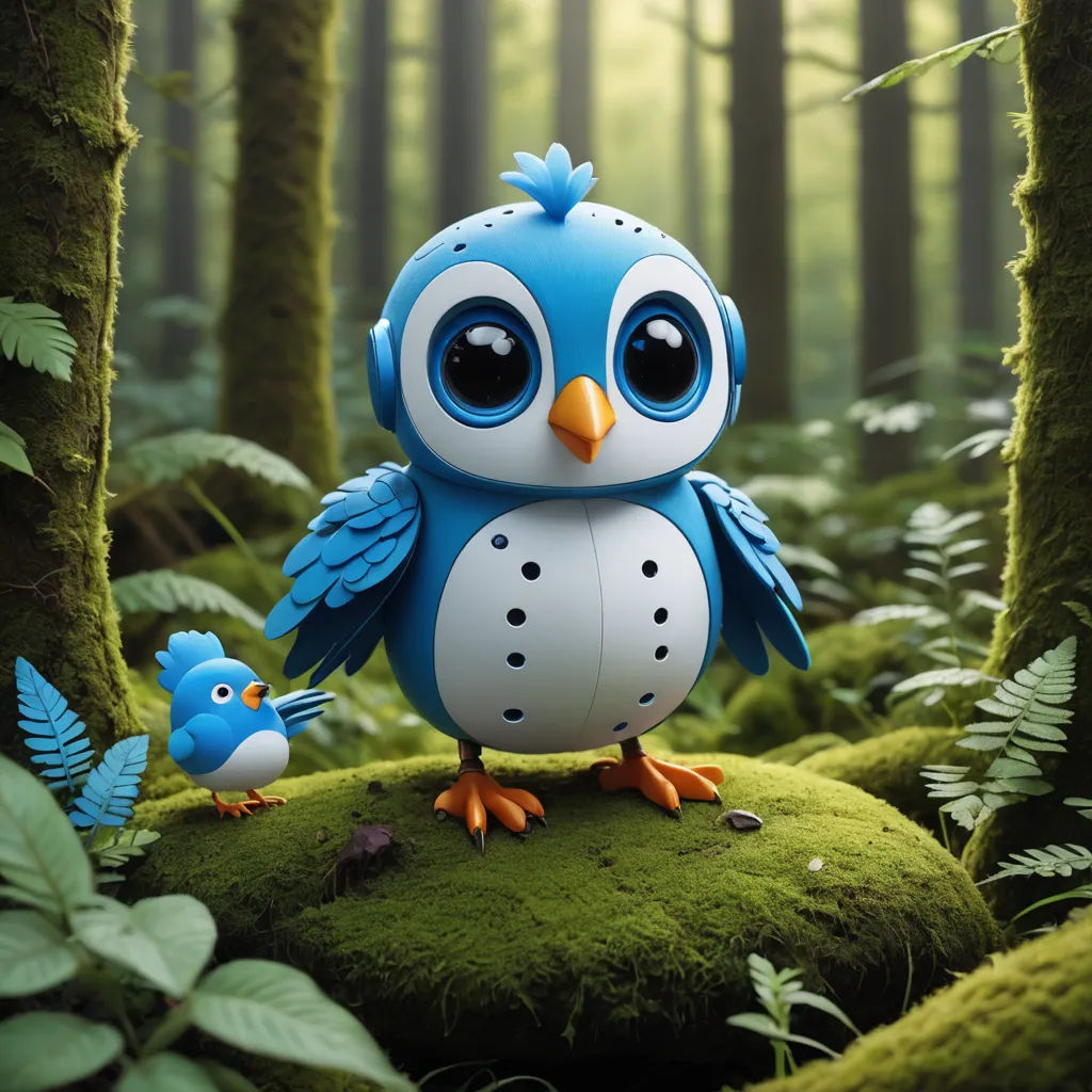 a blue and white owl and a blue bird in a forest with green moss and trees and ferns on the ground, pop surrealism, a 3D render, Chris LaBrooy, highly detailed digital art