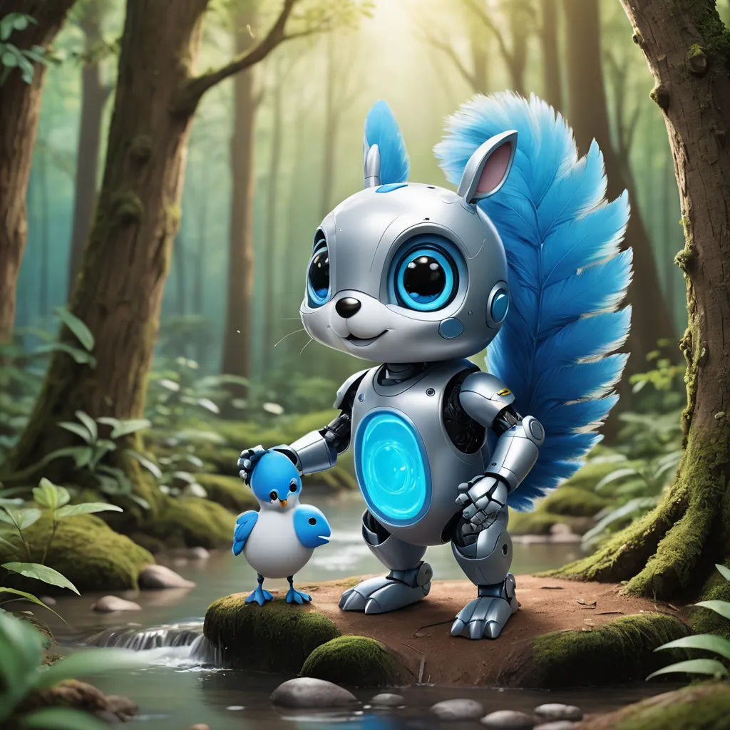a cartoon character holding a blue object in a forest with a duck in front of it and a forest background, les automatistes, a computer rendering, Ai-Mitsu, promotional image