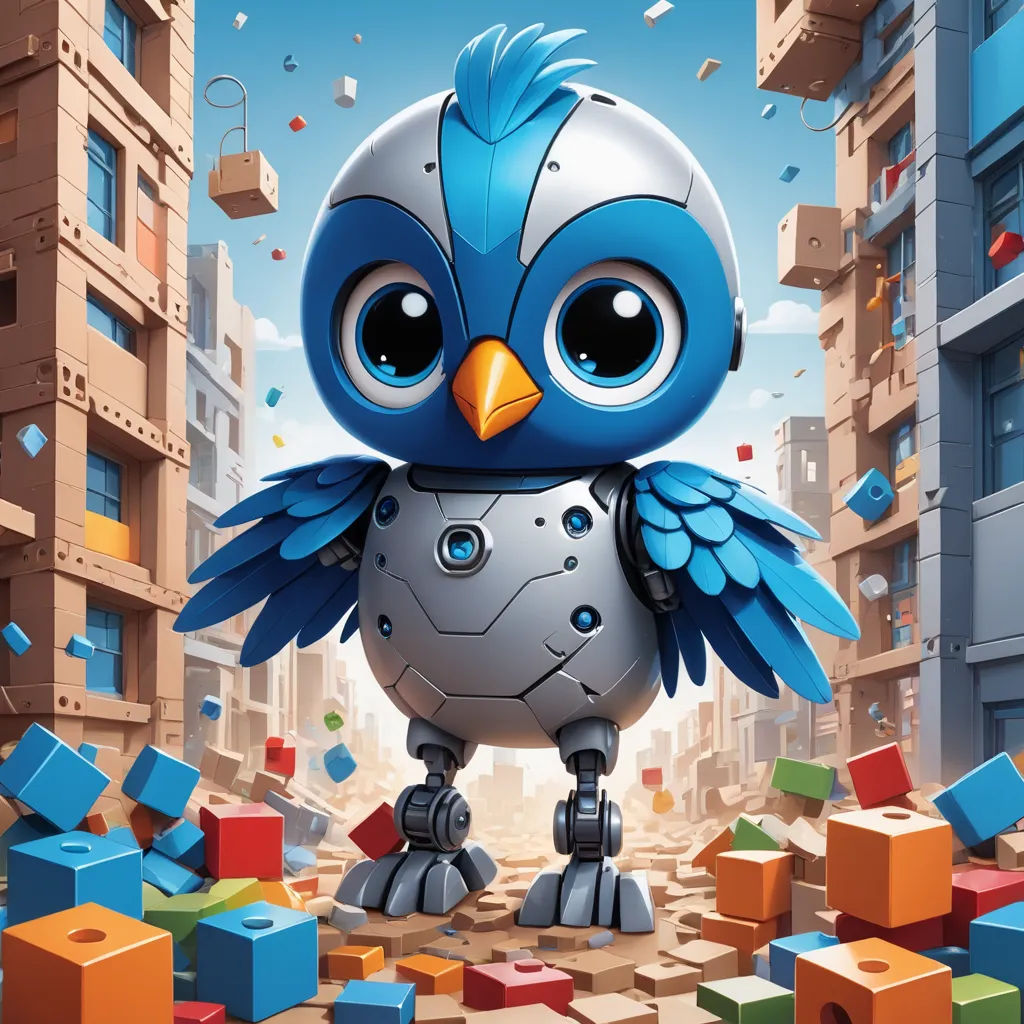 a blue bird standing in a city surrounded by blocks and cubes with a building in the background and a blue sky, pop surrealism, a computer rendering, Chris LaBrooy, promotional image