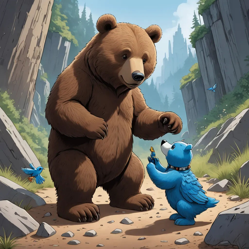 a bear and a blue bird are in the woods together, one is touching the other's hand, furry art, a storybook illustration, Chris LaBrooy, official art