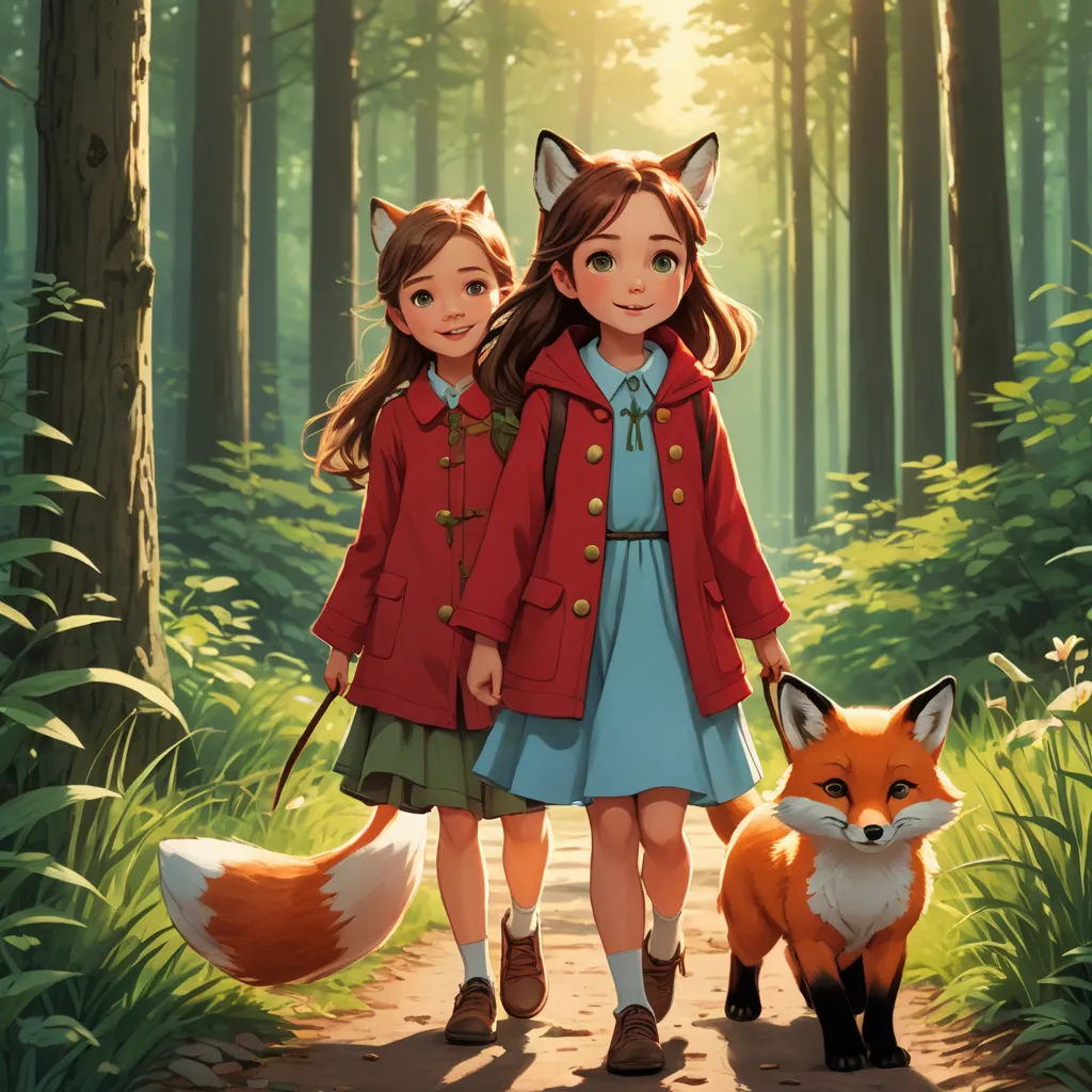 two children are walking in the woods with a fox behind them and a fox behind them, both of them are wearing red coats, furry art, a storybook illustration, Diego Gisbert Llorens, official art