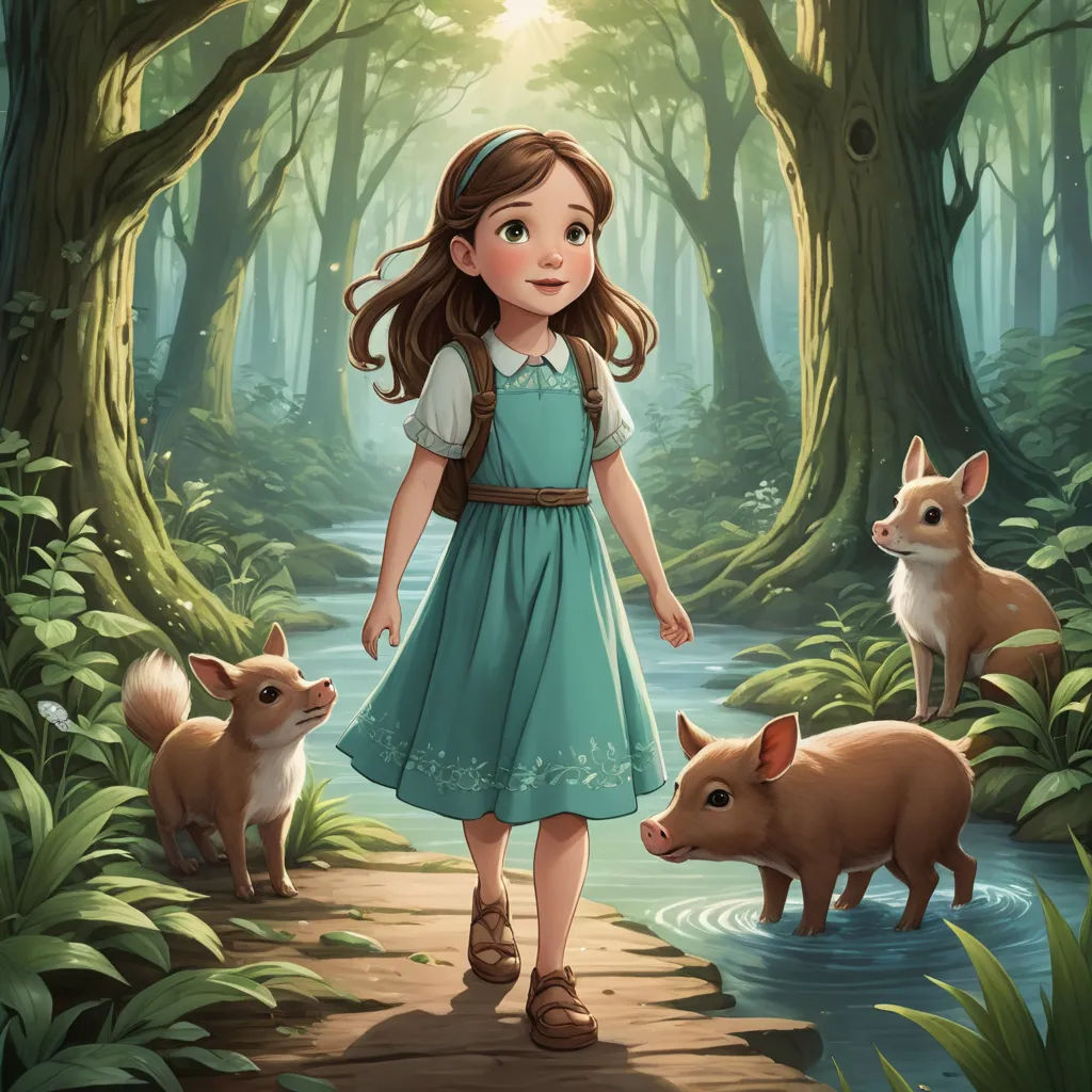 a little girl in a blue dress is walking through a forest with two little pigs and a deer in the foreground, fantasy art, a storybook illustration, Alice Prin, storybook illustration
