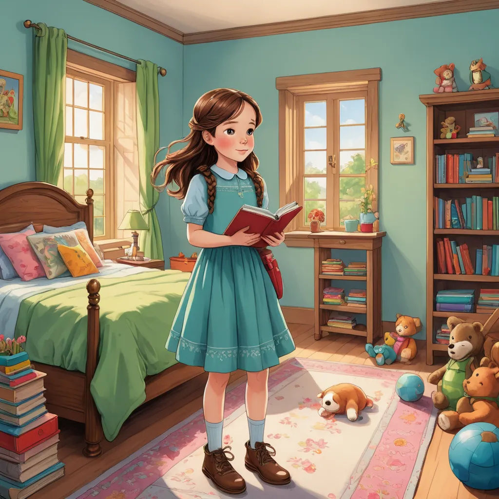 a girl in a blue dress is reading a book in a bedroom with a dog and teddy bear toys, photorealism, a storybook illustration, Clarice Beckett, storybook illustration
