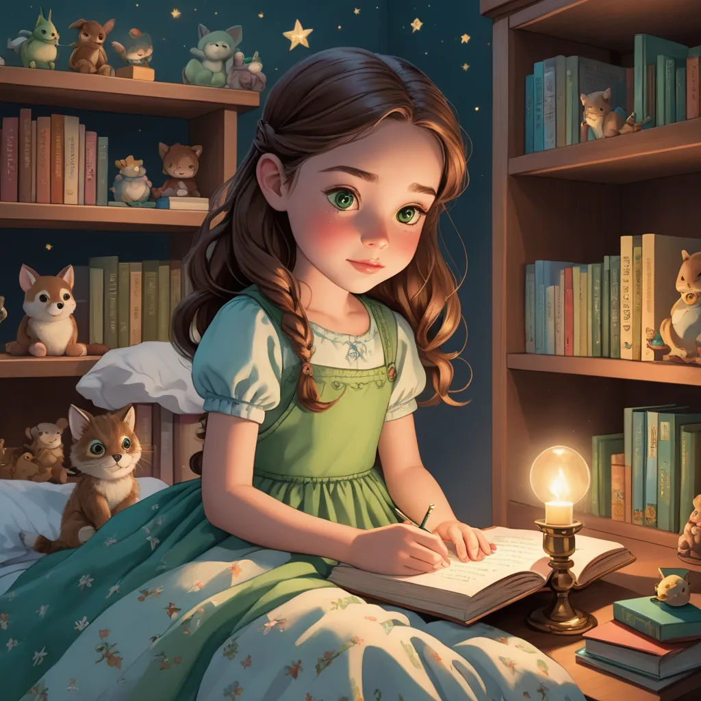 a little girl sitting on a bed reading a book with a cat nearby and a lit candle in her hand, fantasy art, a storybook illustration, Alice Prin, storybook illustration