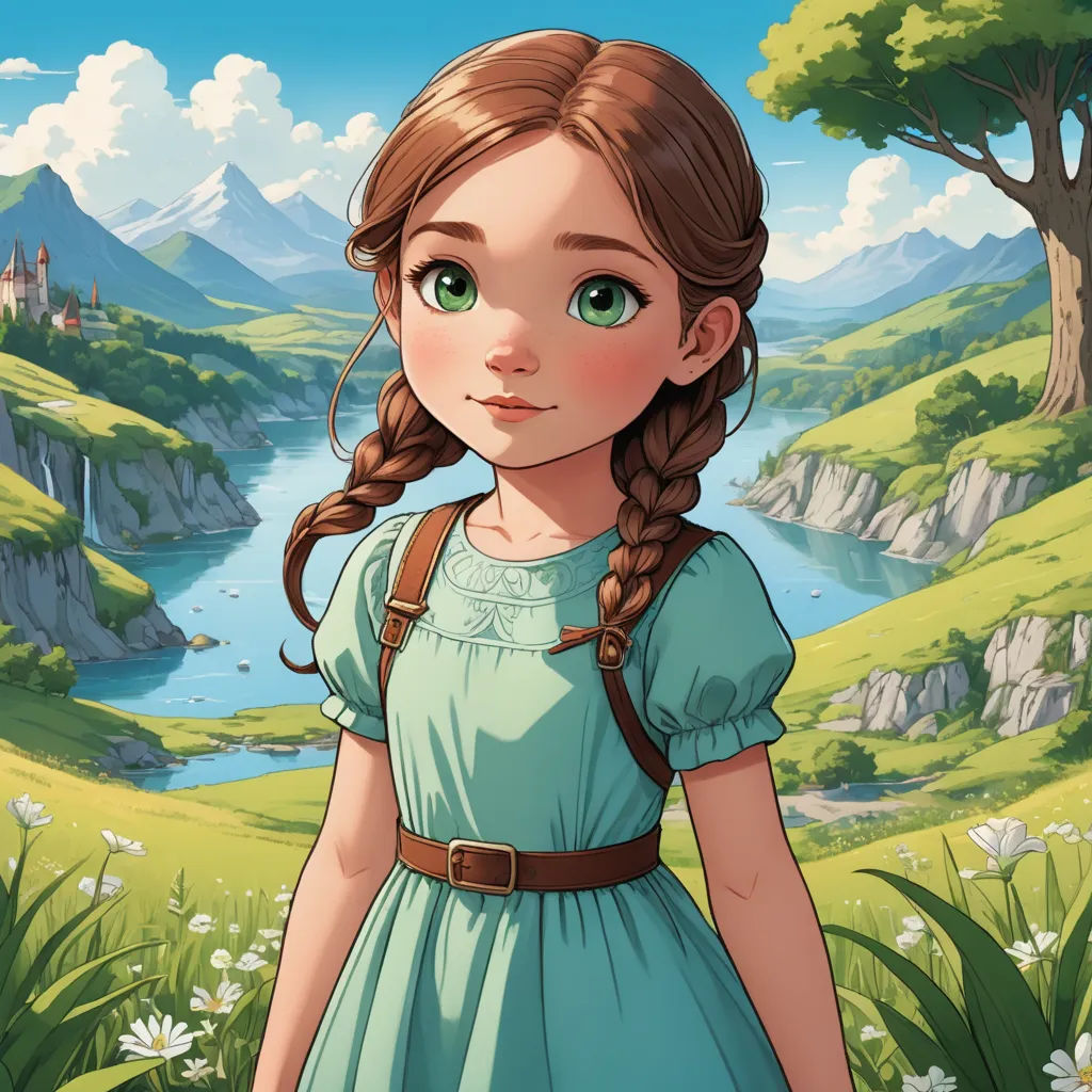 a girl in a dress standing in a field with a lake in the background and a castle in the distance, fantasy art, a storybook illustration, Clarice Beckett, deviantart artstation