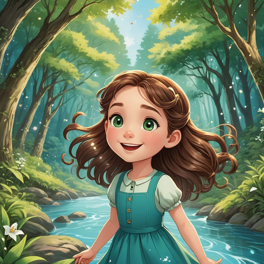 a girl in a blue dress standing in a forest with a stream of water and trees behind her, with a green background, fantasy art, a storybook illustration, Arthur Hughes, storybook illustration