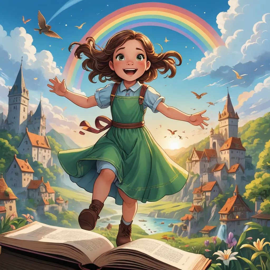 a girl is jumping over a book in a cartoon style with a rainbow in the background and a castle in the background, fantasy art, a storybook illustration, Alice Prin, rossdraws global illumination