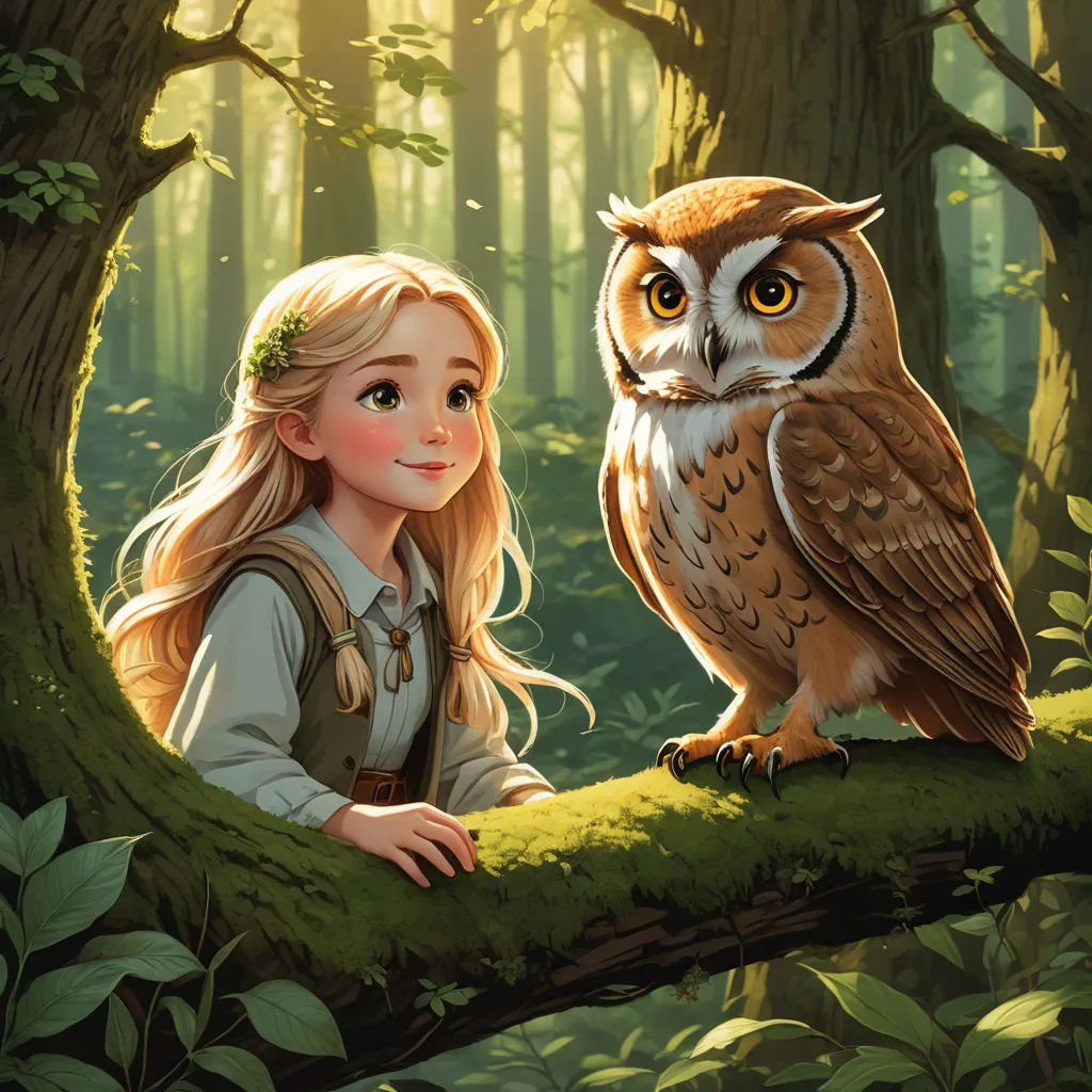 a girl sitting on a tree branch next to an owl in a forest with leaves and trees around her, fantasy art, a storybook illustration, Brom, storybook illustration