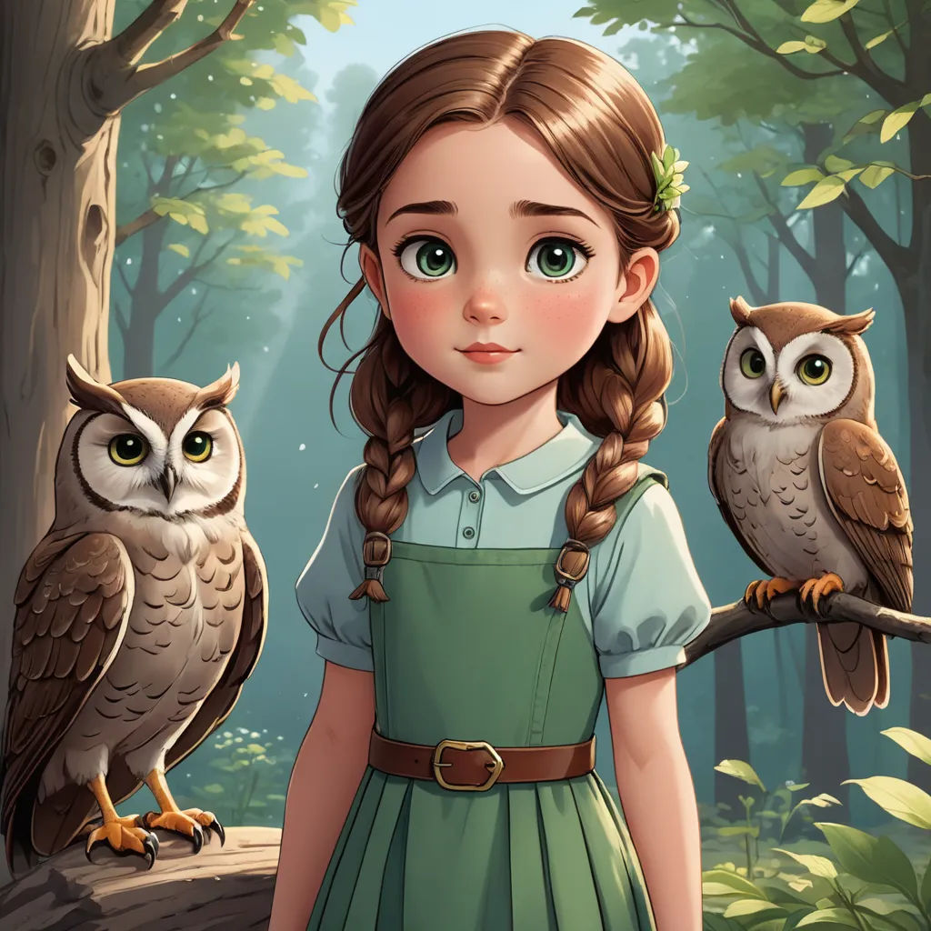 a girl with two owls on her shoulder and a girl with a braid standing in front of a forest, sots art, a storybook illustration, Clarice Beckett, ghibli