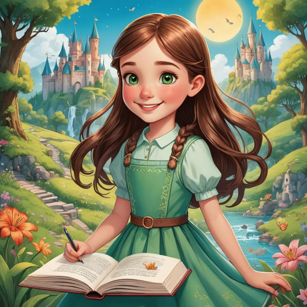 a girl in a green dress holding a book and a pen in her hand in front of a castle, fantasy art, a storybook illustration, Alice Prin, storybook illustration