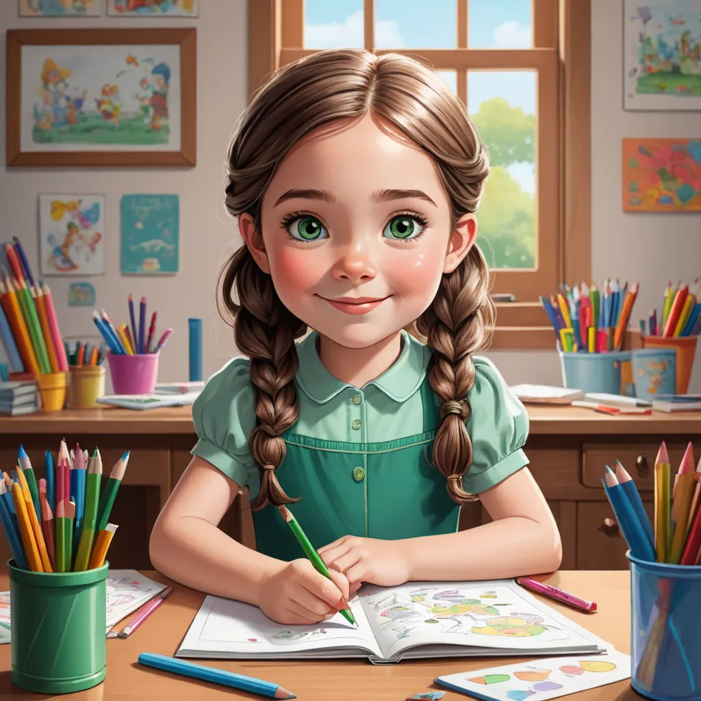 a girl is sitting at a desk with a book and pencils in front of her and a cup of pens and pencils in front of her, lyco art, a storybook illustration, Clarice Beckett, trending on art station