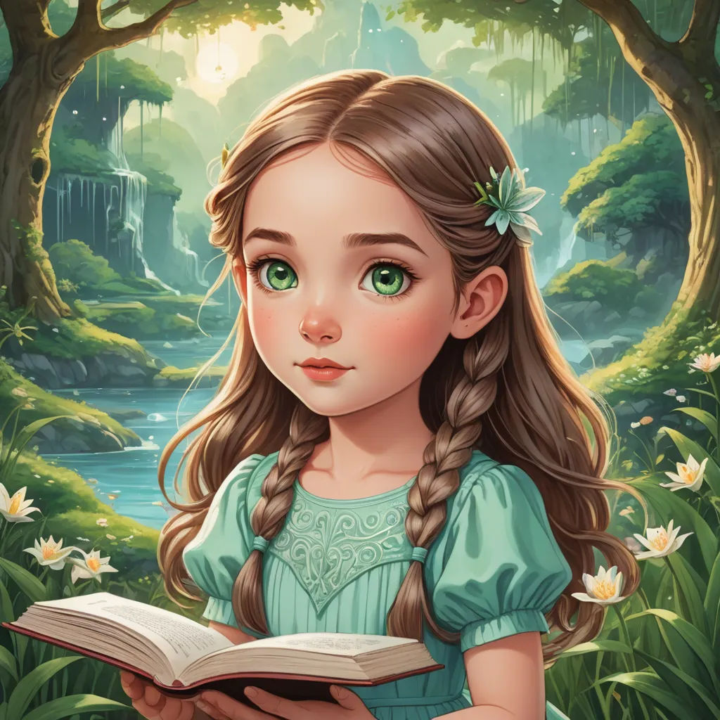 a girl with long hair is reading a book in a forest with flowers and trees around her, and a waterfall in the background, fantasy art, a storybook illustration, Alice Prin, storybook illustration