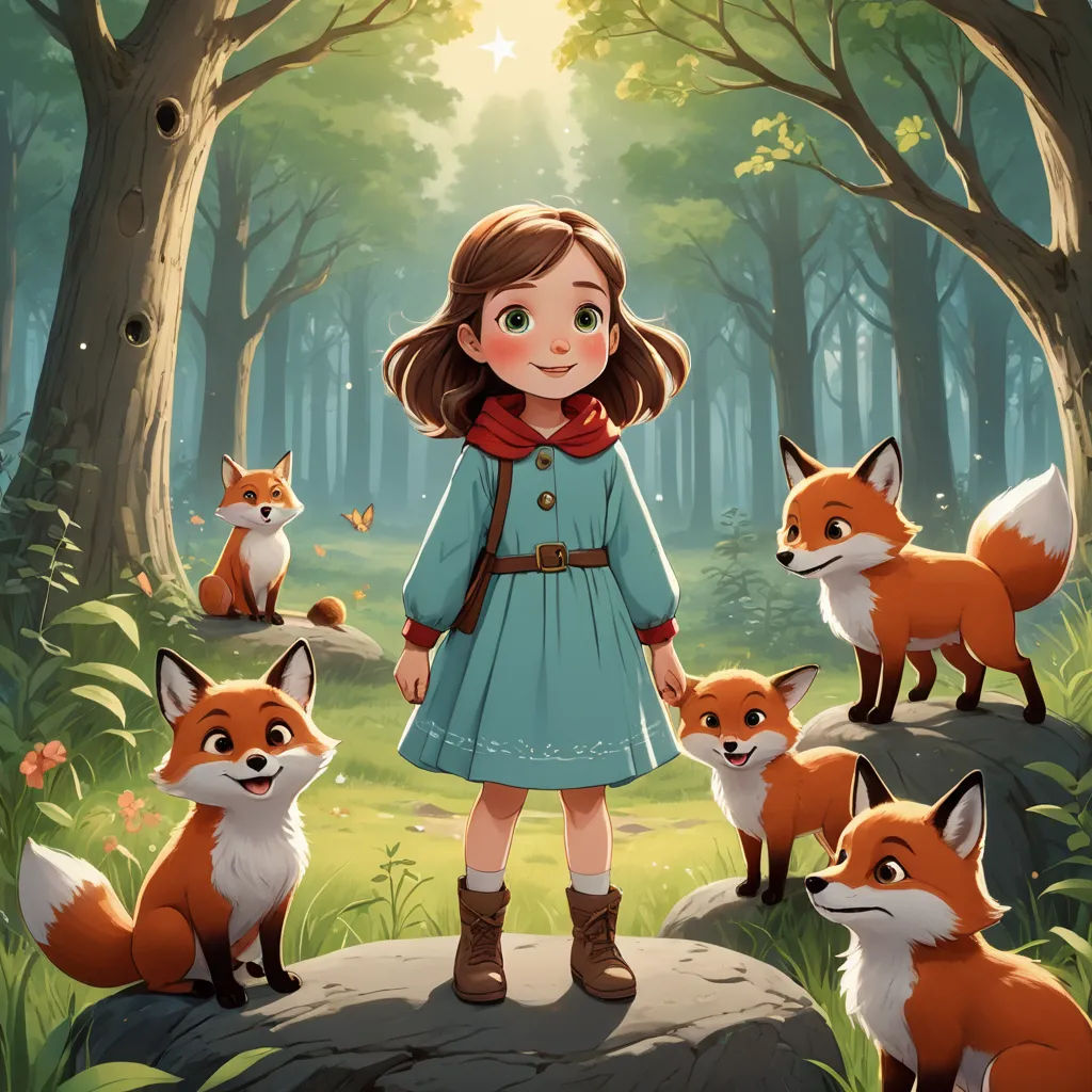 a little girl standing in the woods with her foxes and other animals around her, with a forest background, furry art, a storybook illustration, Clarice Beckett, official art