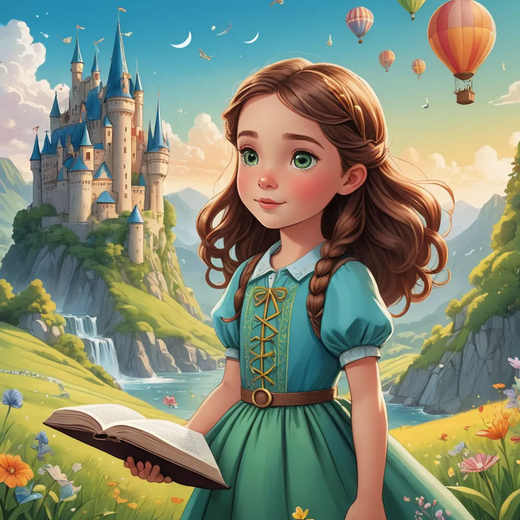 a girl in a dress holding a book in front of a castle with balloons flying above her and a river below, fantasy art, a storybook illustration, Alice Prin, storybook illustration