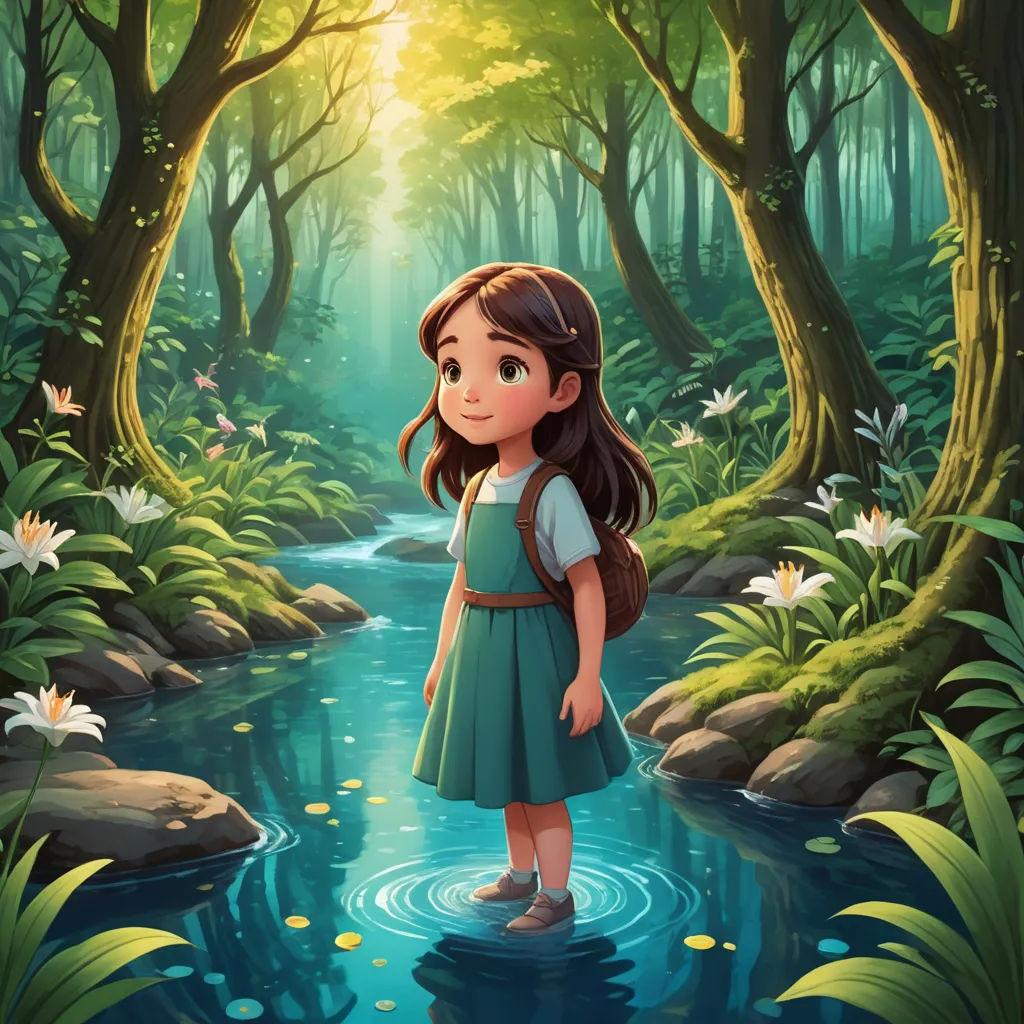 a girl standing in a stream in the forest with a backpack on her back and a forest scene in the background, magical realism, a storybook illustration, Alice Prin, storybook illustration