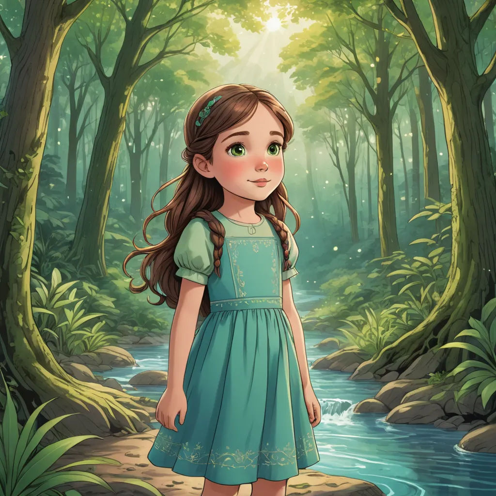 a girl in a blue dress standing in a forest with a stream of water in front of her and a forest background, fantasy art, a storybook illustration, Arthur Hughes, storybook illustration