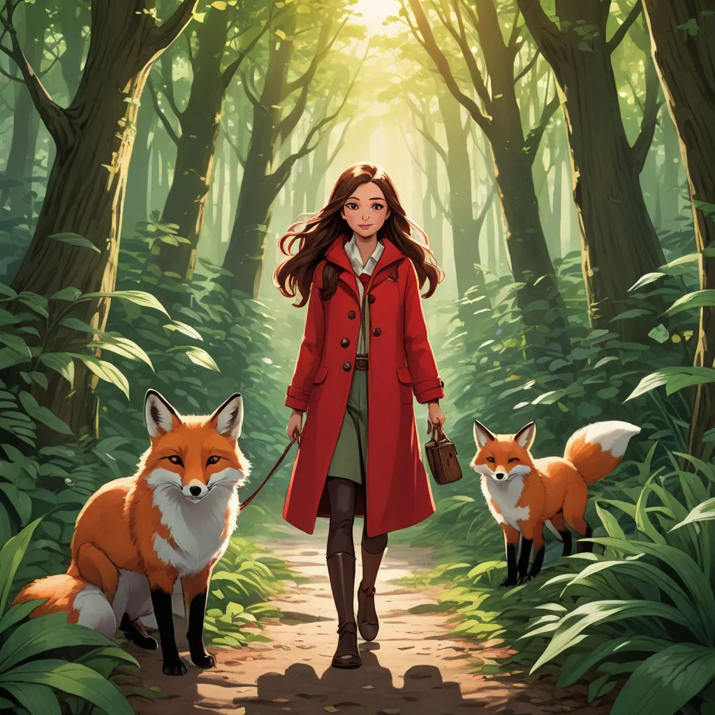 a woman in a red coat is walking two foxes in a forest with a red coat on and a red leash, furry art, a storybook illustration, Colin Middleton, official art