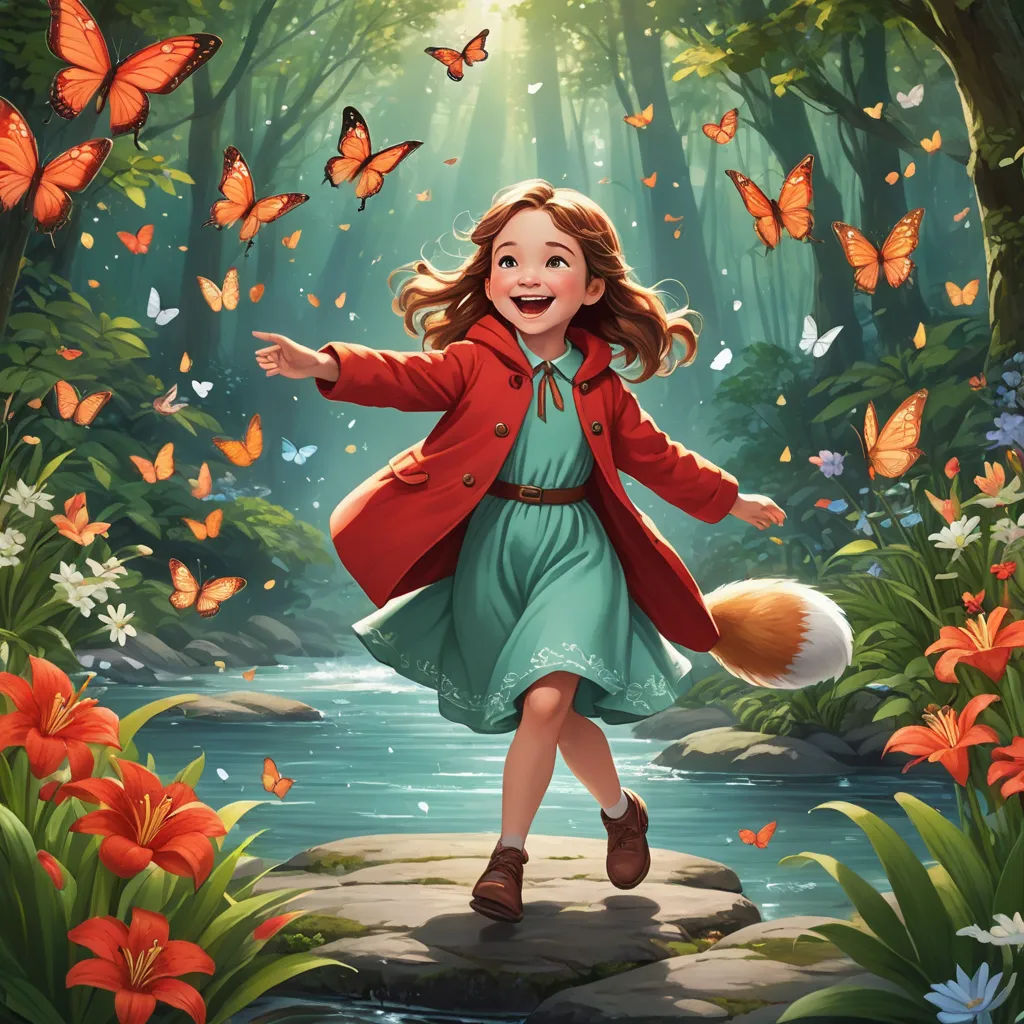 a girl in a red coat is running through a forest with butterflies and a fox on her shoulder and a fox on her shoulder, fantasy art, a storybook illustration, Chris Rallis, official art
